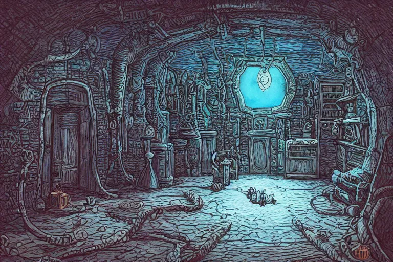 Prompt: ONE POINT PERSPECTIVE DUNGEON zorbo ROOM filled with black greatwyrm, painted by Edward Gorey and Moebius and Greg Rutkowski and Paul Wenzel and George Barr and Stephen Youll,trending on artstation, iridescent cool blue and cyan and red and blue and yellow and green lighting front view futuresynth , outrun , vibrant colors, Sabattier filter , Watercolor