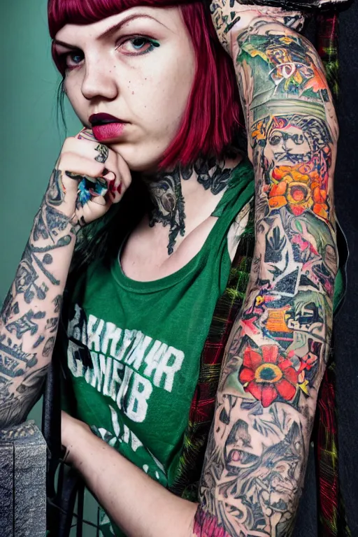 Image similar to upper body portrait hannah murray as a punk woman with green mohawk, covered in neotraditional style tattoos, wearing a bold tees shirt, fishnets and a long tartan skirt, intimidating, max details, hyperrealistic, photorealistic, ultra - realistic, ultra - detailed, cinematic, 8 k resolution by alan lee