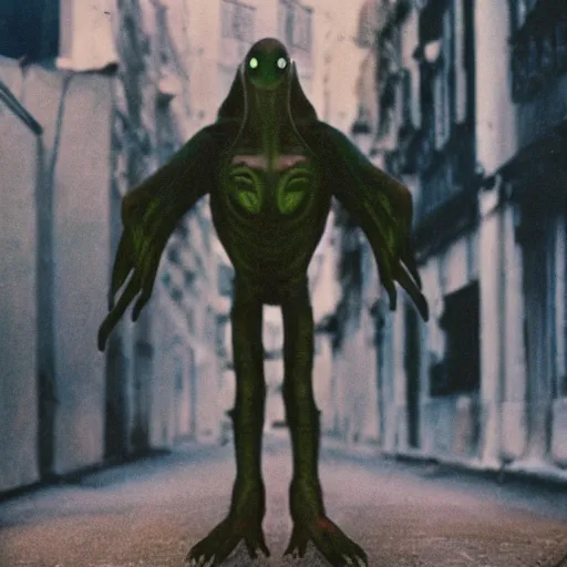 Prompt: an alien creature stands on a soviet street, cinestill 8 0 0 t