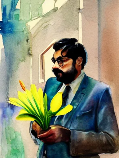 Prompt: water color painting, artwork by saul leiter, of a solo individual portrait of an indian guy holding lilies, dapper, simple illustration, domestic, nostalgic, full of details, matte painting, trending on artstation and unreal engine