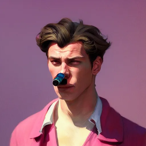 Image similar to painted portrait of wolf wearing pink shirt and smoking, crest hair, intricate, digital painting, artstation, concept art, smooth, sharp focus, illustration, art by jean giraud, edward hopper, gaston bussiere and greg rutkowski