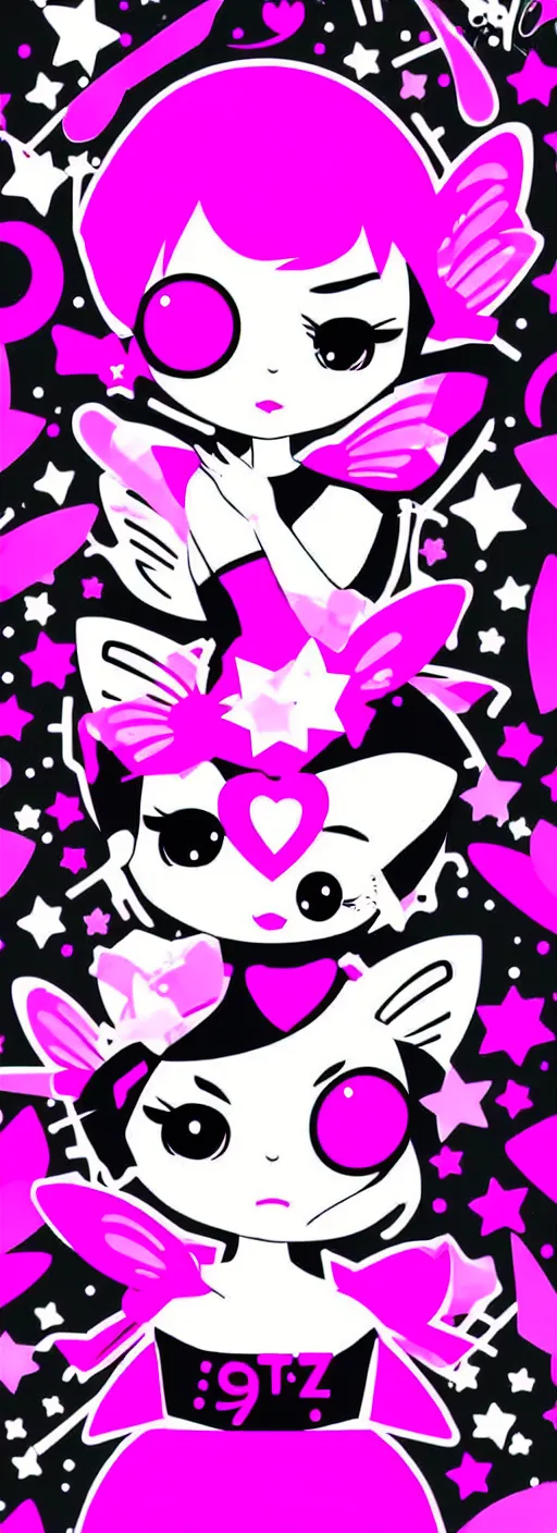 Image similar to digital illustration, kawaii cyber pixie, vector, white and black and fuchsia colors, y 2 k aesthetic, graphic design, typography logotype