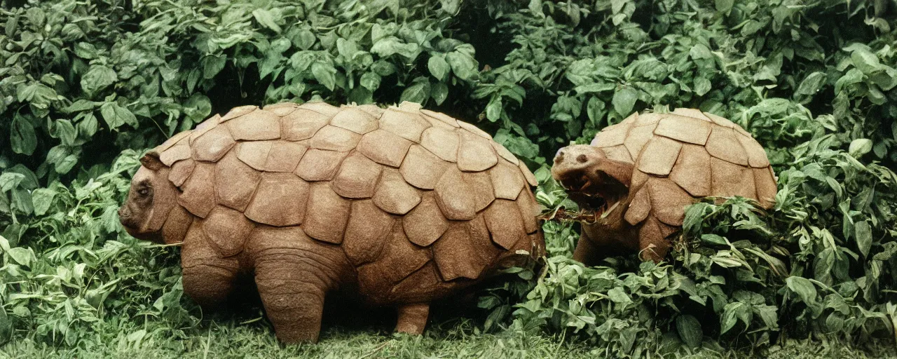 Image similar to a glyptodon eating from a spaghetti plant, pre - historic, in the style of carl warner, canon 5 0 mm, kodachrome,