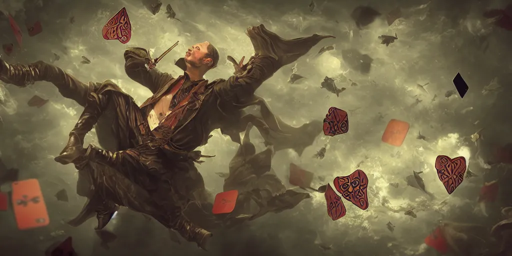 Image similar to man with flying cards, fantasy, digital art, highly detailed, 8 k