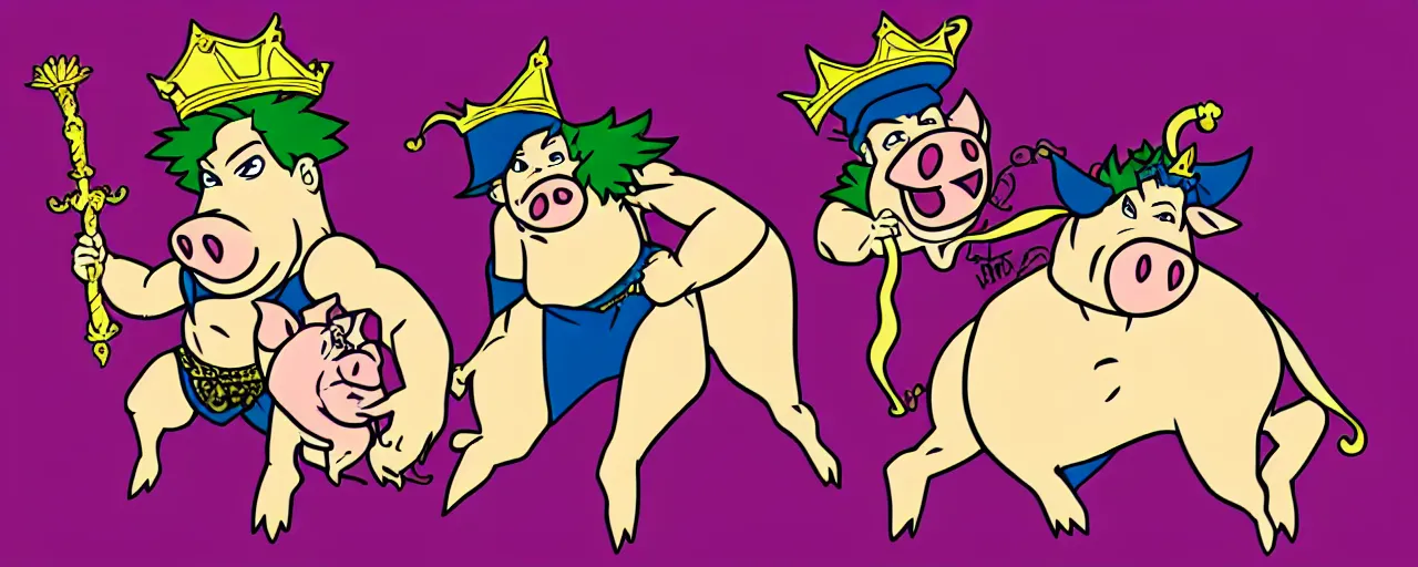 Image similar to king with pig head on a thrown style of JoJo’s bizarre adventure. Award winning. Cel animation