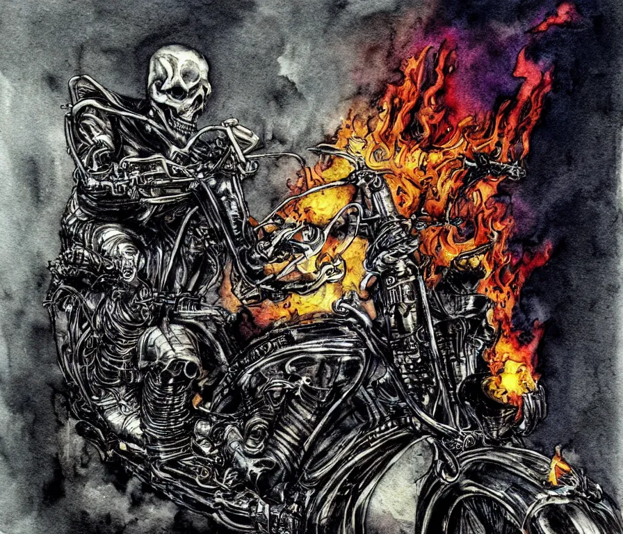 Prompt: watercolor, pen and ink, the ghost rider on his flaming motorcycle chopper designed by Giger, epic, ominous, chiaroscuro, dark saturated colors, terrifying sci-fi horror masterpiece, full body portrait, black background, by Giger