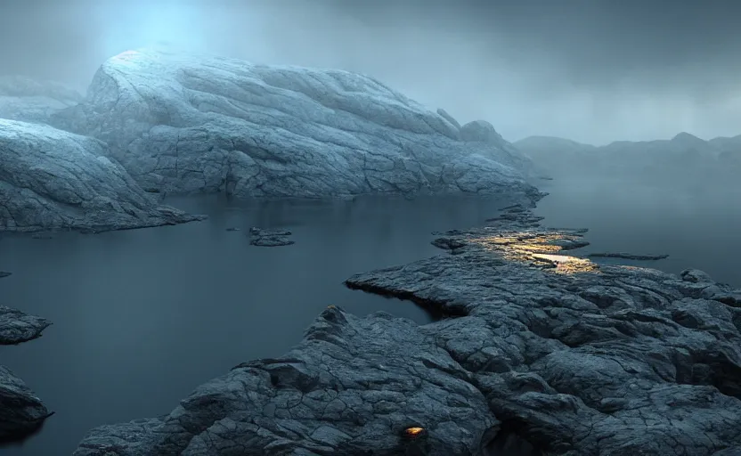 Image similar to Norwegian fjord, hyperrealistic mixed media, stunning 3d render inspired art by P. Craig Russell and Barry Windsor-Smith + dim volumetric lighting, 8k octane beautifully detailed render, post-processing, extremely hyperdetailed, epic composition, grim yet sparkling atmosphere, cinematic lighting + masterpiece, trending on artstation