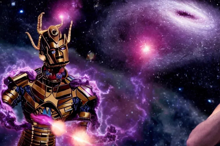 Image similar to a cinematic still of ((andy samberg)) ferociously eating a galaxy, galactus!!!!, masterpiece, (monster), (empty black void)