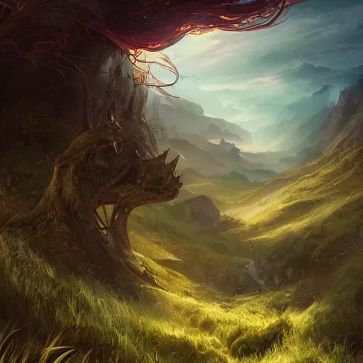 Image similar to fantasy book cover painting, dramatic shot of a lively landscape in the country, wallpaper by Ross Tran