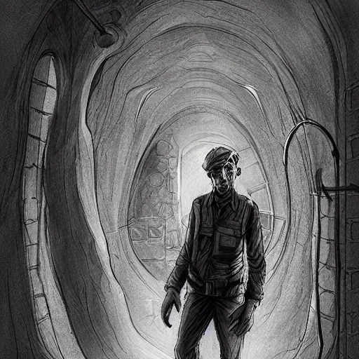 Prompt: the man inside the wall, creepy explorer sketch, eldritch journalist, concept art, grand scale, intricate detailed