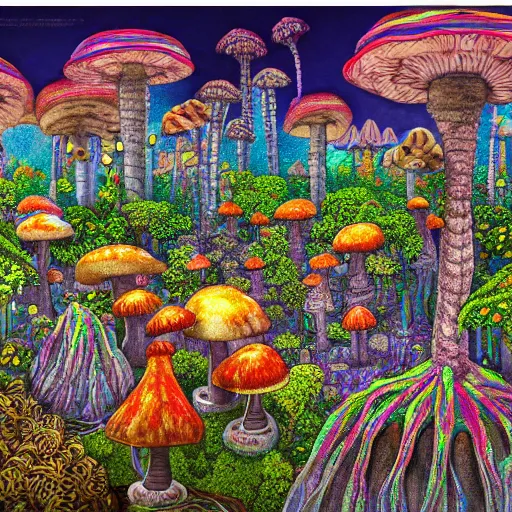 Image similar to city made of mushrooms and plant fauna, vivid color, 1 9 2 0 ’ s colored pencil, highly detailed, highly accurate, abstract art, deep aesthetic, 8 k, highly ornate intricate details, cinematic lighting, rich colors, ray tracing, hyperrealistic, photorealistic, cinematic landscape, trending on artstation,