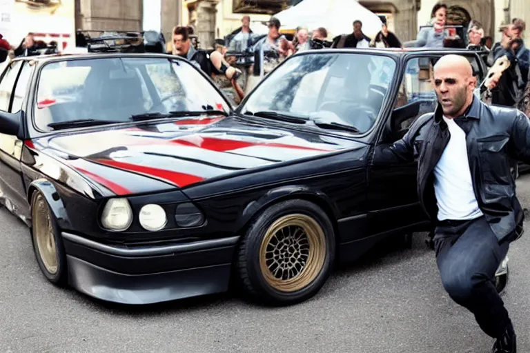 Image similar to Angry Jason Statham picks up BMW e30