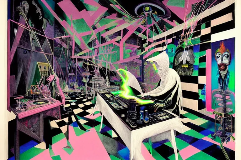 Image similar to a highly detailed beautiful masterpiece painting of a technomancer wizard in dazzle camouflage robes with pointed hood tampering with the world engine in his laboratory near a computer by Remedios Varo and Anato Finnstark and Greg Rutkowski and Andy Warhol and Francis Picabia, dayglo pink, dayglo blue, prismatic, pearlescent white, raven black, hyperrealism, 8k, trending on ArtStation