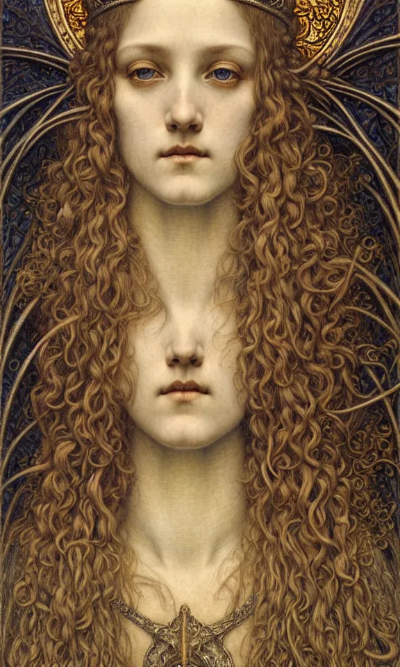 Image similar to detailed realistic beautiful young medieval queen face portrait by jean delville, gustave dore and marco mazzoni, art nouveau, symbolist, visionary, gothic, pre - raphaelite. horizontal symmetry