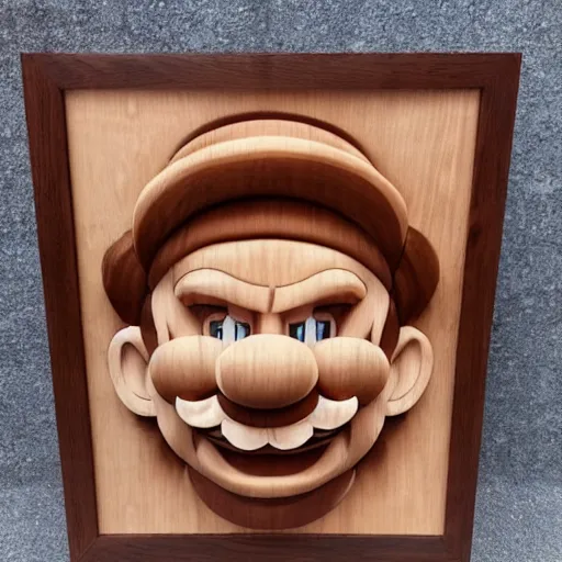 Prompt: abstract walnut wood carving of mario. Intricate details, hand carved, warm tones