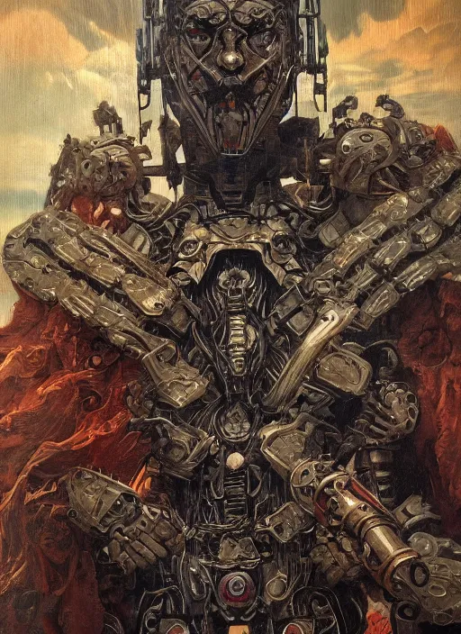 Image similar to symmetry! closeup biblical diabolical beautiful wooden cyborg! stylish armor, heavy eyes to the side, closeup, bright glowing eyes, in clouds, rain, sunset, portrait, by gerald brom, by mikhail vrubel, by peter elson, muted colors, extreme detail, mirrors, trending on artstation, 8 k