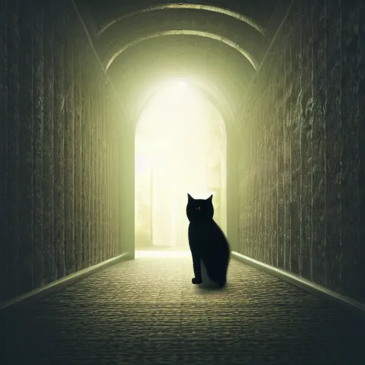 Image similar to a full-body shot of a black void cat with golden glowing eyes at the end of a scary hallway, fairytale, nightmare, hauntingly beautiful, elegant, super detailed, Octane render, reflections