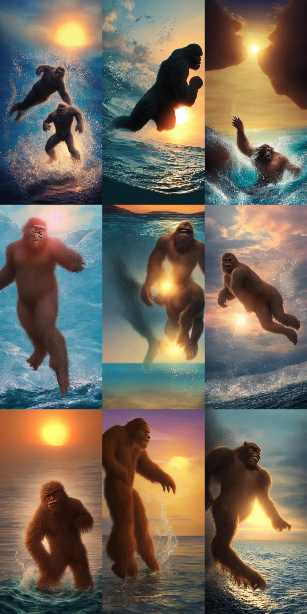 Image similar to a beautiful rendered picture of a sasquatch from instagram in the ocean at sunset by Nick Silva, trending on artstation, 8k