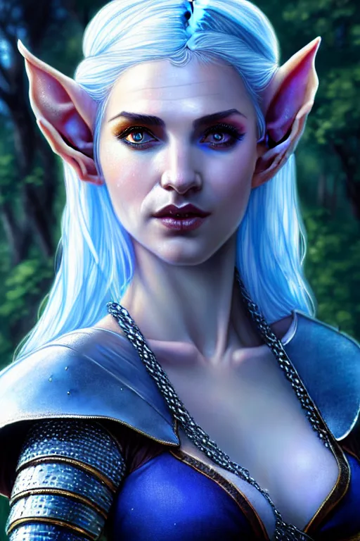 Image similar to alluring highly detailed matte close-up portrait of beautiful elf Shani (from Witcher 3) wearing chesty chainmail bikini and a blue cloak, very detailed, realistic, manga, pen and ink, by Stanley Artgerm Lau, greg rutkowski, thomas kindkade, alphonse mucha, loish, norman rockwell J.