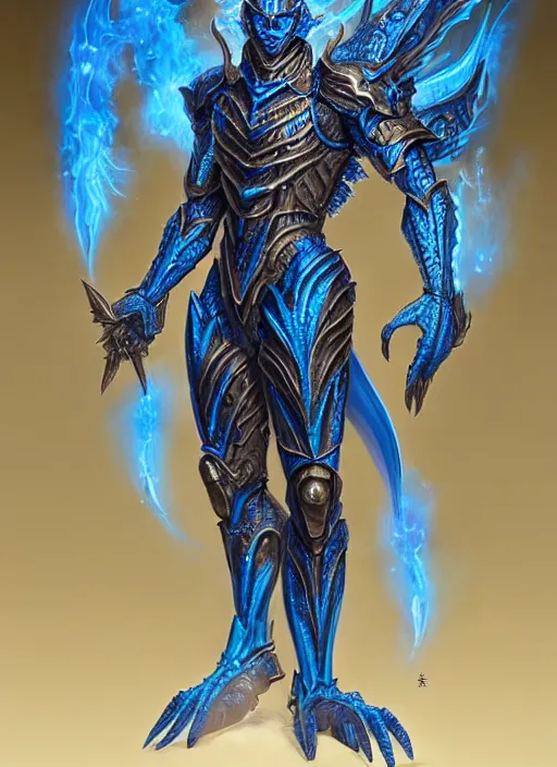 Image similar to muscular and tall blue ghostly fire humanoid dragon!!!! draconian!! intricate ornate iridescent heavy armor!! character concept art, sharp focus, octane render! unreal engine 5! highly rendered!! trending on artstation!! detailed linework!! illustration by artgerm, wlop, and chie yoshii