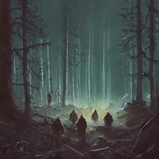 Image similar to A highly detailed and realistic illustration of a group of adventurers in a dark and mystical forest, D&D, fantasy, nocturnal, spooky, intense, focused, Enigmatic, oil painting, digital art, artstation, 3D, by Maciej Kuciara and Simon Stålenhag