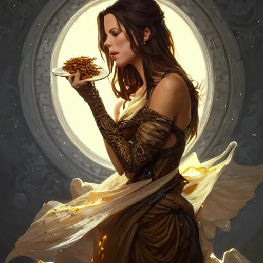 Image similar to Kate Beckinsale covered in honey eating fork, D&D, fantasy, intricate, elegant, highly detailed, digital painting, artstation, concept art, matte, sharp focus, illustration, hearthstone, art by Artgerm and Greg Rutkowski and Alphonse Mucha