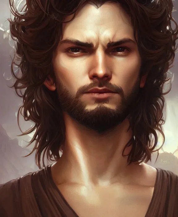 Image similar to portrait close up of guy, concentrated look, symmetry, long hair. d & d, fantasy, intricate, elegant, highly detailed, digital painting, artstation, concept art, art by artgerm and greg rutkowski and alphonse mucha, boris vallejo