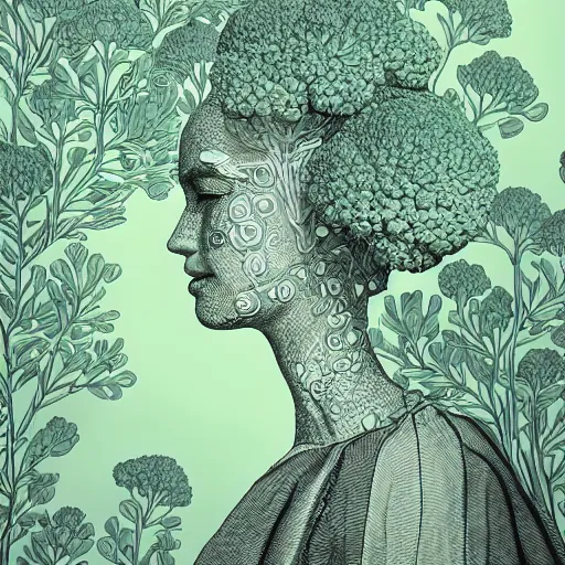 Image similar to the portrait of broccoli that resembles an unbelievably beautiful and sophisticated young woman, an ultrafine detailed illustration by james jean, intricate linework, bright colors, final fantasy, behance contest winner, vanitas, angular, altermodern, unreal engine 5 highly rendered, global illumination, radiant light, detailed and intricate environment