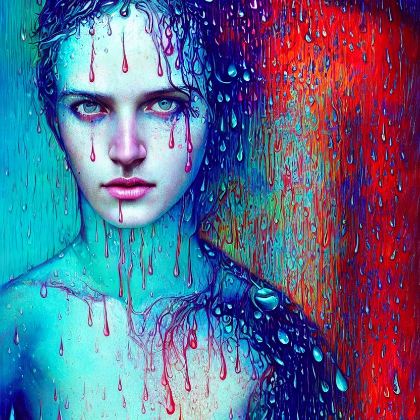 Image similar to bright asthetic portrait of LSD in rain with wet hair and face, liquid, fantasy, intricate, elegant, dramatic lighting, highly detailed, lifelike, photorealistic, digital painting, artstation, illustration, concept art, smooth, sharp focus, art by John Collier and Albert Aublet and Krenz Cushart and Artem Demura and Alphonse Mucha