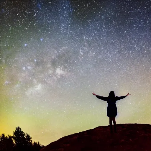 Prompt: photograph of a girl standing on top of a hill against a starry sky