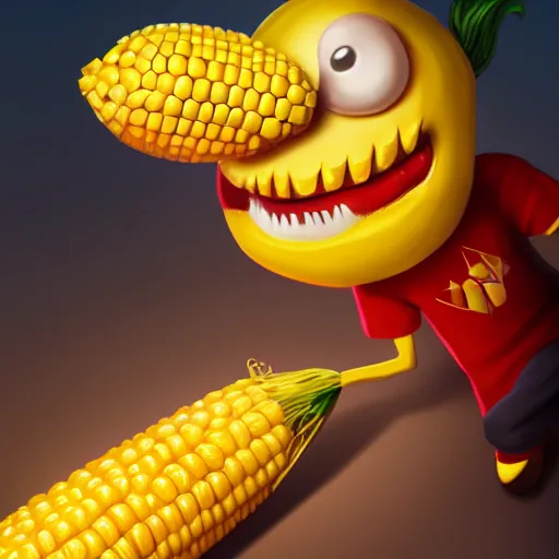 Image similar to Anthropomorphic corn cob is a video game developer working late into the night on his greatest game ever, hyperrealistic, artstation, 8k, concept art, very detailed, hd, digital painting, dramatic lighting