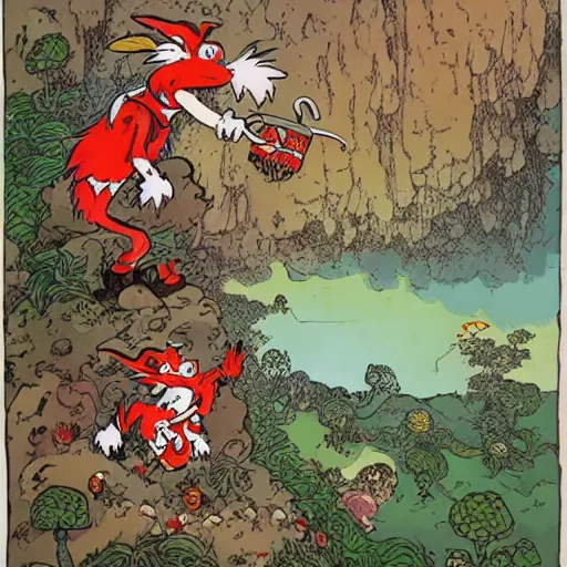 Image similar to Professional art, a stunning illustration of red goblins carrying a prisoner to a cave on a mountainside illustrated by Dr Suess and Takashi Murakami