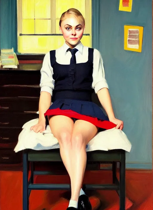 Image similar to oil painting of annasophia robb in a learning uniform, stockings, teaching you a lesson by Bryan Lee O'Malley, Edward Hopper, Francis Bacon