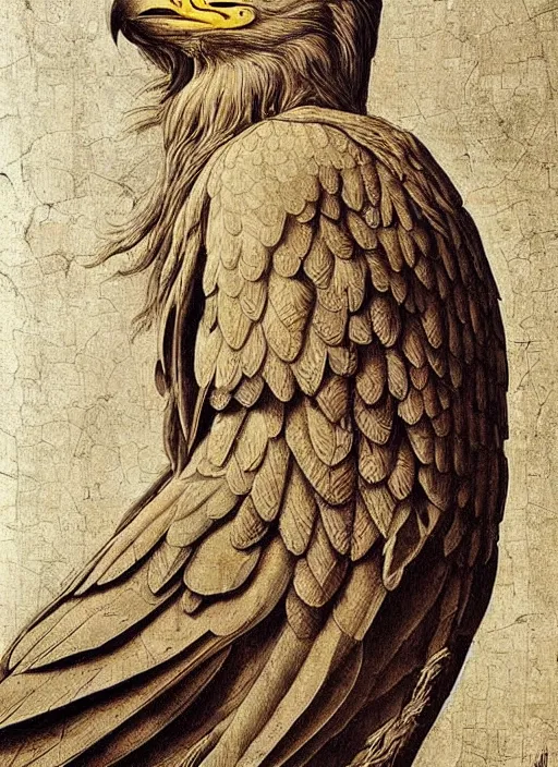 Image similar to Half human, half eagle, symetry, very detailed, painting in style of Leonardo Da Vinci