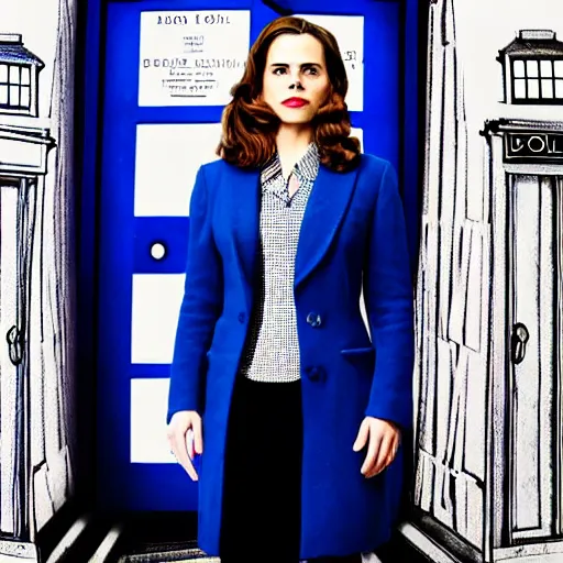 Image similar to a beautiful full body photograph of hayley atwell dressed as the doctor from doctor who standing in front of the tardis, symmetrical face, extreme realism and detail, 8 k, completely framed, direct lighting, 3 5 mm photo, photorealistic, sharp focus