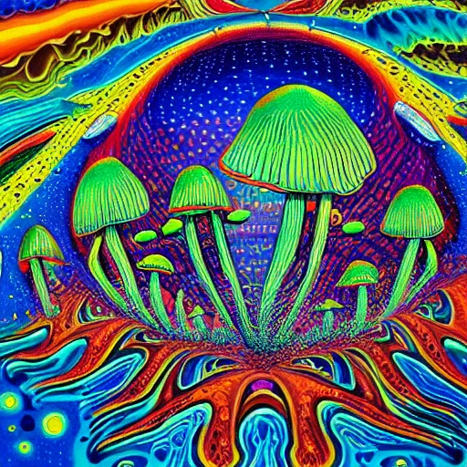 Prompt: mushroom universe by Alex Gray, oil painting, cosmic, ethereal, highly detailed, psychedelic, (((neon)))