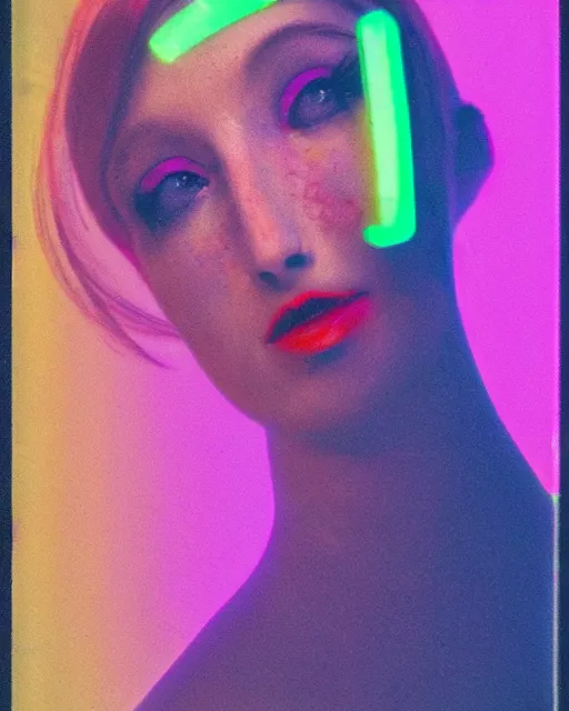 Image similar to cut and paste, serene robotic woman's face, red bob hair, dark makeup, violet and yellow and green and blue lighting, polaroid photo, 1 9 8 0 s, atmospheric, whimsical and psychedelic, grainy, expired film, super glitched, corrupted file, ghostly, bioluminescent glow, sci - fi, twisty