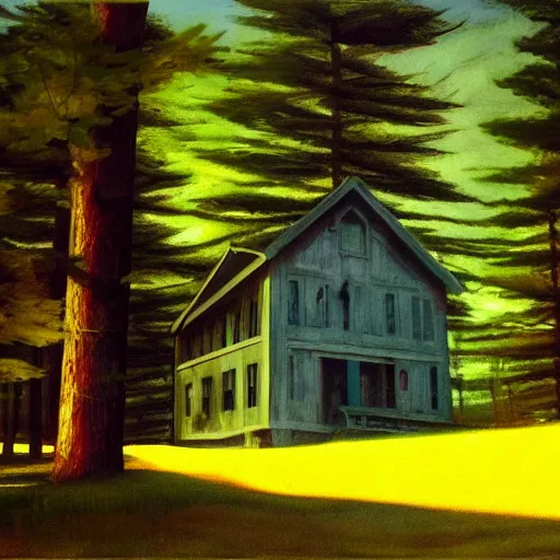 Image similar to an Eerie cabin in the middle of the woods in the style of Edward Hopper