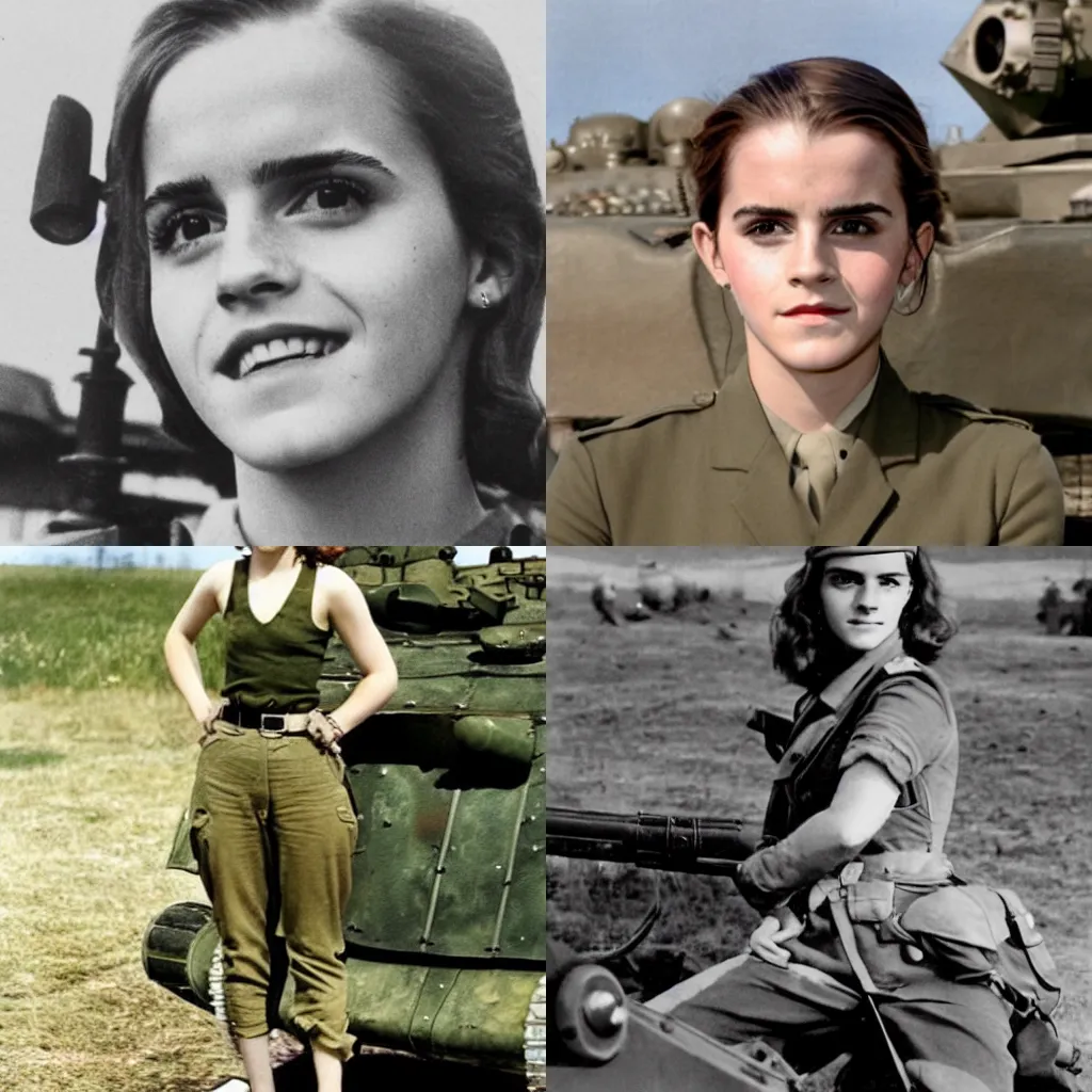 Prompt: Historical photo of Emma Watson as a WW2 tank commander, posing with her tank, 1944