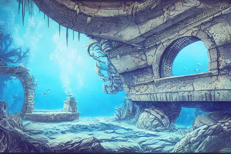 Prompt: underwater sunken temple!!!, fish, palladian, doric, illustration, concept art, digital art, colorful, blue, detailed