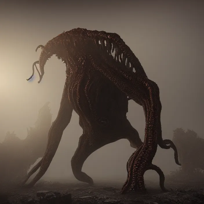 Image similar to a lovecraftian monster emerges out of the clouds, volumetric lighting, fog, atmospheric, high resolution, rendering, octane, redshift