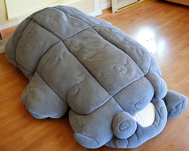 Image similar to bed in the shape of a tardigrade. sleeping on a giant tardigrade plush doll. quilted plush, soft, downy, comfortable. multiple limbs, panarthropoda, water bear!