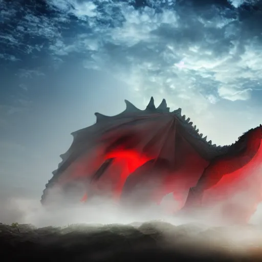 Prompt: A dragon emerging from a cloud of smoke, its eyes glowing red.