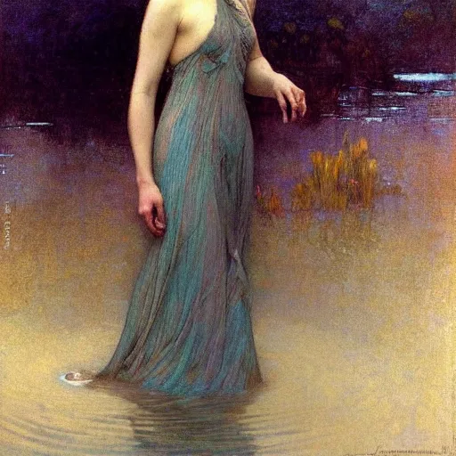 Image similar to girl in a long dress swimming underwater, caustics, painting by Jeremy Lipkings John William Waterhouse Ayami Kojima Amano Alphonse Mucha Charlie Bowater