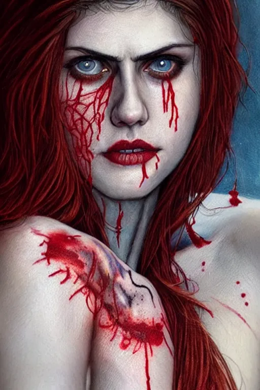 Prompt: woman covered with blood, covered with skeleton tattoo, alexandra daddario face!!!, masterpiece portrait, long red hair, beautiful blue eyes, ultra realistic, concept art, intricate details, highly detailed, photorealistic, octane render, 8 k, unreal engine. retro film still, heavy grain, 3 5 mm, art by artgerm and greg rutkowski and alphonse mucha