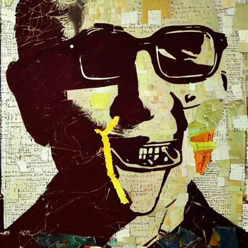 Prompt: detailed analogue mixed media collage with canvas texture in style of contemporary art, punk art, hyperrealistic dalai lama smoking cigarette, wearing glasses, photorealistic, expressionism, masterpiece, perfect composition, spectacular quality, intricate oil details, vivid broken glass, torn paper, magazine pages