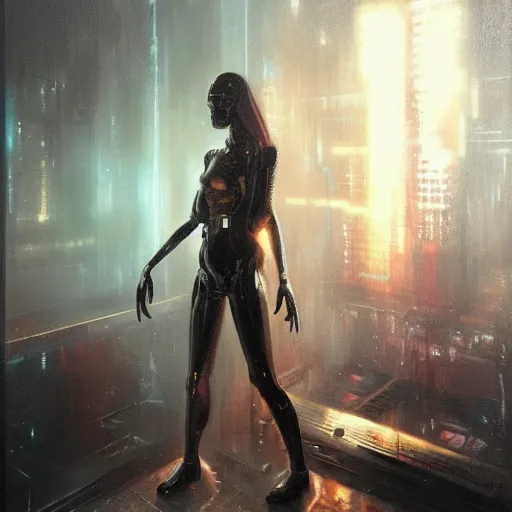 Image similar to neuromancer, cyberpunk, artificial intelligence, cybernetics, dystopian future, cybernetics, razorgirl, chiaroscuro, high detail, painted by greg rutkowski, painted by igor kieryluk, painted by bobby chiu, trending on artstation