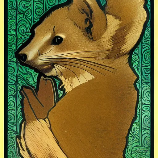 Image similar to pine marten, by Alphonse Mucha, high quality, high detail, art deco