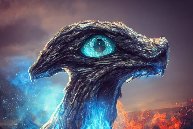 Image similar to looking up at a griffin in the sky, colorful eyes, glowing eyes, fire, frost, angry, demonic, detailed, realism, hyper-realistic, 8k, hd, detailed face, 3D render, octane render, wide shot,