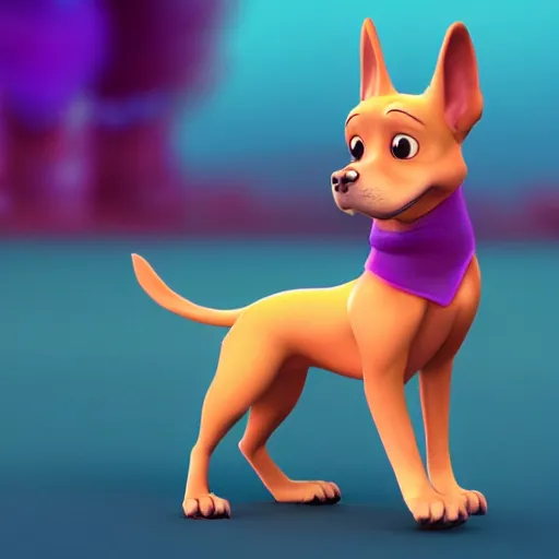 Image similar to a beautiful 3d render of a purple dog in a disney movie, in the style of disney, pixar, the dog is doing a ballet dance, highly detailed, 8k resolution